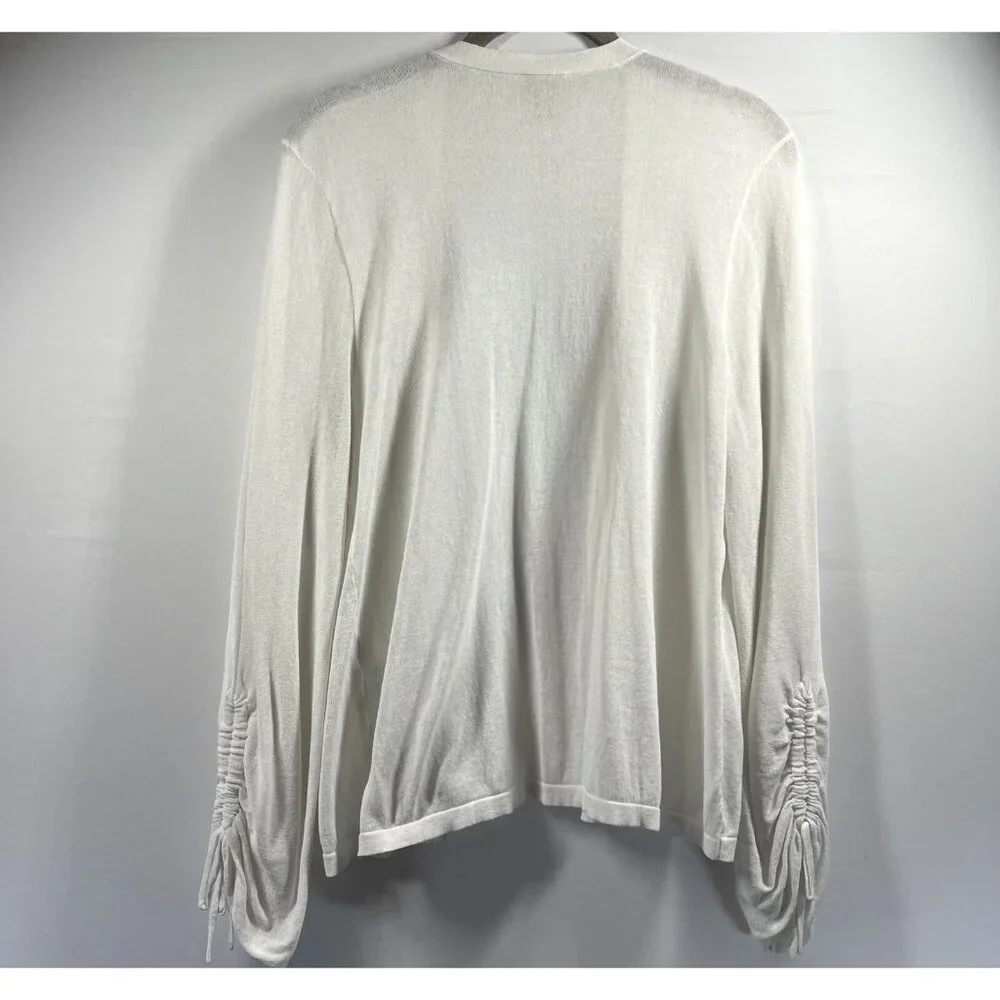 Chicos Women's Cardigan Sweater Med Solid White Ruched Long Sleeves Open Light‎